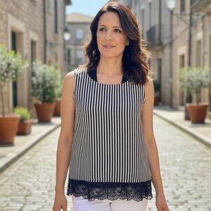 Zara Basic Navy Blue & Whie Striped Sleeveless Top with Lace Hem Size XS